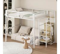 PUGSDRLY Lit Mezzanine 2 Place,Lit Enfant,Lit Mezzanine Enfant 140x200cm,avec Escalier de Sécurité,Espace de Rangement et Petite Armoire,Design de Clôture Haute,Lit Adolescent (Blanc)