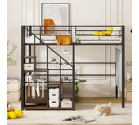 PUGSDRLY Lit Mezzanine 2 Place,Lit Enfant,Lit Mezzanine Enfant 140x200cm,avec Escalier de Sécurité, Espace de Rangement et Petite Armoire,Design de Clôture Haute,Noir