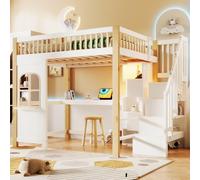 PUGSDRLY Lit Mezzanine 2 Places 140x200cm pour Enfant Adolescent,avec Bureau,Compartiment et échelle de Rangement,Prise électrique et LED,Blanc+Naturel,sans Matelas (140)