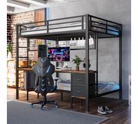 PUGSDRLY Lit Mezzanine 2 Places avec Bureau et étagères,Lit Superposé 140x200 et 90x200,2 Tiroirs,Bande LED et Port USB,Grille Suspendue,Cadre en Fer pour Enfant Adolescent Adulte (Noir)