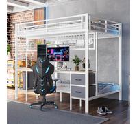 PUGSDRLY Lit Mezzanine 2 Places avec Bureau et étagères,Lit Superposé 140x200 et 90x200,2 Tiroirs,Bande LED et Port USB,Grille Suspendue,Cadre en Fer pour Enfant Adolescent Adulte (Blanc)