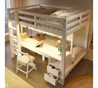 PUGSDRLY Lit Mezzanine 2 Places en Bois,Lit Superposés 140X200cm et 90x200cm,avec Bureau,Tiroirs,Panneau perforé Suspendu et Lampes LED,sans Matelas (90/140x200-Blanc-J)