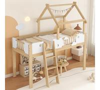 PUGSDRLY Lit Mezzanine Enfant 90x200cm avec Barrières,Lit Cabane Enfant avec échelle et Design Unique du Toit,Mi Hauteur,Cadre en Pin,Blanc+Naturel