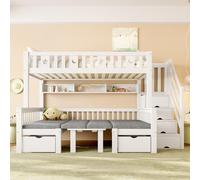 PUGSDRLY Lit Mezzanine Multifonctionnel 90x200cm avec Lit et Bureau 2 en 1,Rails de Rangement,Balustrades Décoratives Ornées d'Étoiles et de Lunes,Blanc