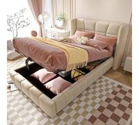 PUGSDRLY Lit rembourré avec sommier à Lattes, Cadre de lit pour Enfant avec tête de lit et système de Rangement pneumatique (Beige, 90 x 200 cm)