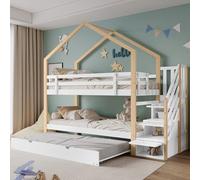 PUGSDRLY Lit Superposé 3 Places 90x200 cm,Lit Cabane Enfants avec lit Gigogne,Échelle de Rangement,Barrières,Sommier à Lattes,Bois Massif,Blanc et Naturelle