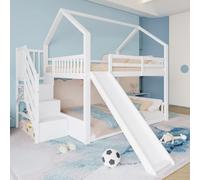 PUGSDRLY Lit Superposé Enfant 140x200cm avec Toboggan Installé Gauche ou Droite,Lit Cabane Enfant avec Escalier de Rangement,Cadre de Superposés pour Enfant et Adolescent (Blanc, 140)