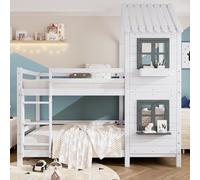 PUGSDRLY Lit Superposé Enfant 2 Places 90x200cm,Lit Cabane Enfants avec Étagère de Rangement Réglable,Fenêtre,Toit,Barrières,Sommier À Lattes,pour Garçons Filles,Blanc