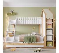 PUGSDRLY Lit Superposé Enfant 90/140x200cm,Lit Superposé 2 Places avec Armoire de Rangement et 2 Tiroirs,Rampe de Sécurité et échelle,Sommier à Lattes,sans Matelas (Blanc-A)