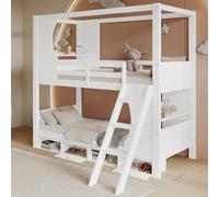 PUGSDRLY Lit Superposé Enfant 90x200cm avec Bureau et Barrière de Sécurité,Lit Enfant 2 Places avec Armoire à Chaussures à 4 Compartiments,Cadre de Superposés en Pin,Blanc