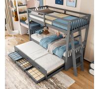 PUGSDRLY Lit Superposé Enfant 90x200cm avec lit gigogne et 3 Tiroirs de Rangement,Lit Superposé 2 Places avec échelle,Sommier à Lattes,Cadre en Pin et MDF,sans Matelas (Gris)