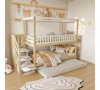 PUGSDRLY Lit Superposé Enfant 90x200cm avec lit gigogne,Lit Mezzanine Enfant 2 Places avec échelle de Rangement,Cabane,Clôture de Sécurité,Cadre de superposé en Bois Massif (Naturel-L)