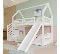 PUGSDRLY Lit Superposé Enfant 90x200cm avec Toboggan Installé Gauche ou Droite,Lit Cabane Enfant avec Escalier de Rangement,Cadre de Superposés pour Enfant et Adolescent (Blanc, 90)
