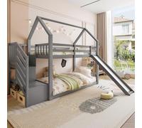 PUGSDRLY Lit Superposé Enfant 90x200cm avec Toboggan Installé Gauche ou Droite,Lit Cabane Enfant avec Escalier de Rangement,Cadre de Superposés pour Enfant et Adolescent (Gris, 90)