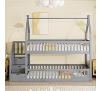 PUGSDRLY Lit Superposé Enfant 90x200cm en Bois avec échelle Rangement,Lit Mezzanine 2 Places avec Design Toit et Sommier à Lattes,Barrière de Sécurité,pour Enfant et Adolescent,Sans Matelas (Gris-90A)