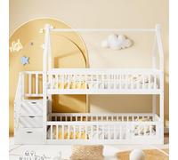 PUGSDRLY Lit Superposé Enfant 90x200cm en Bois avec échelle Rangement,Lit Mezzanine 2 Places avec Design Toit et Sommier à Lattes,Barrière de Sécurité,pour Enfant et Adolescent,sans Matelas,Blanc