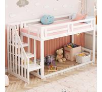 PUGSDRLY Lit Superposé Enfant 90x200cm,Lit Enfant 2 Places avec Escalier de Sécurité,Cadre Superposé en Pin Massif avec Sommier à Lattes,sans Matelas (Blanc)