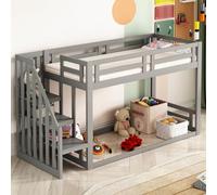 PUGSDRLY Lit Superposé Enfant 90x200cm,Lit Enfant 2 Places avec Escalier de Sécurité,Cadre Superposé en Pin Massif avec Sommier à Lattes,sans Matelas (Gris)