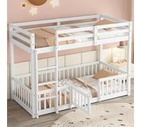 PUGSDRLY Lit Superposé Enfant 90x200cm,Lit Mezzanine 2 Places,lit Superposé avec Barrières et Petites Portes,Escalier à Angle Droit,Cadre en Bois Massif (Blanc)