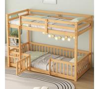 PUGSDRLY Lit Superposé Enfant 90x200cm,Lit Mezzanine 2 Places,lit Superposé avec Barrières et Petites Portes,Escalier à Angle Droit,Cadre en Bois Massif (Naturel)