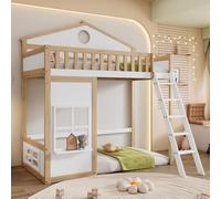 PUGSDRLY Lit Superposé Enfant avec Fenêtre,Toit,lit Cabane Enfants,Lit Mezzanine 1 Place 90x200 cm avec Barrières,Sommier À Lattes,Pin,pour Garçons Filles,Blanc Naturel