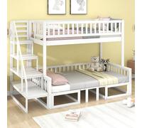 PUGSDRLY Lit Superposé Enfants 3 Places avec Table Réglable,Canapé en Bois,Haute Barrières,Lit Cabane Enfants 90x200 et 120x200 pour Garçons Filles,Blanc (I)