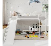 PUGSDRLY Lit Superposé Enfants 90x190 avec Toboggan Sécurisé,Barrières de Securite Haute,Lit Cabane Enfant avec Toit Décoratif,pour Enfants Adolescents(E-Blanc)