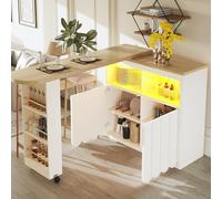 PUGSDRLY Meuble Bar Extensible 135-205cm, avec Rangement, Porte coulissante en Verre, Buffet avec LED et Portes striées, îlot Cuisine avec sur roulettes, pour Salon (White)