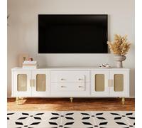 PUGSDRLY Meuble Bas TV 175X38X55.5cm Vintage avec Poignées Dorées, 2 Tiroirs, 4 Portes en Vannerie et Pieds en Bois Massif, Convient aux téléviseurs de 70 à 79 Pouces (White)