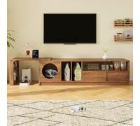 PUGSDRLY Meuble Bas TV Pivotant 180(+80) x40x50cm, Modulable et Extensible, avec Espace de Rangement Intégré et Portes en Verre, pour Salon ou Pièce de Vie