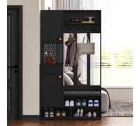 PUGSDRLY Meuble D'entrée,Porte Manteau avec Banc et Rangement Chaussure,4 Crochets,Étagère Ouverte,Armoire,Tiroirs,Vestiaire D'entrée pour CouloirChambre(D-Noir)