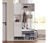PUGSDRLY Meuble D'entrée,Porte Manteau avec Banc et Rangement Chaussure,4 Crochets,Étagère Ouverte,Armoire,Tiroirs,Vestiaire D'entrée pour Couloir(D-Blanc)