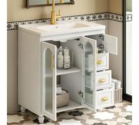 PUGSDRLY Meuble sous Lavabo,Meuble Salle de Bain avec Lavabo en Céramique,3 Tiroirs Silencieux,2 Portes Vitrées,étagère,Armoire de Rangement,Commode,80x47x90