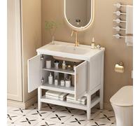 PUGSDRLY Meuble sous Lavabo,Meuble Salle de Bain avec Lavabo en Céramique,Étagères Ouvertes et 2 Étages de Rangement,Meuble de Rangement avec Poignée Dorée,80x47x89(C-Blanc)