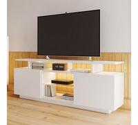 PUGSDRLY Meuble TV avec éclairage LED - Meuble TV bas avec 5 compartiments de rangement ouverts et 2 espaces de rangement - Meuble de rangement avec compartiment en verre pour TV de 60" (blanc, 140 x