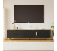 PUGSDRLY Meuble TV avec Rangement,2 Portes et 2 Tiroirs,Meuble TV Bas,Design élégant et Moderne,Pieds et poignées dorés (Noir, 175x40x45cm)