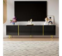 PUGSDRLY Meuble TV Noir Brillant de 170 × 35 × 46 cm, Meuble Bas avec Quatre Portes, Design Moderne et Épuré en Combinaison Noir et Or (Black)