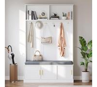 PUGSDRLY Porte-Manteau avec Meuble à Chaussures,Comprenant 6 Crochets Trois-en-Un et 2 Compartiments de Rangement,Peu Encombrant et Idéal pour les Entrées et les Couloirs (White)