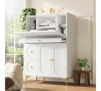 PUGSDRLY Secrétaire Meubles de Bureau,Bureau Pliable avec Rangement,Table de Travail,Meuble de Rangement Blanc (100×50×140cm)