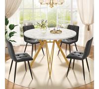 PUGSDRLY Table a Manger 100x100x76cm avec 4 Chaises,Table Ronde et Chaises en Lin,Pieds en Métal,Ensemble de Salle à Manger Moderne pour 4 Personnes (Gris+Or-C)