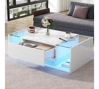 PUGSDRLY Table Basse 100 * 50 * 31cm avec éclairage et Bande LED, Table de Rangement pour Le Salon (White)