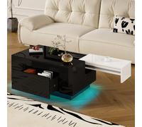 PUGSDRLY Table Basse Brillante avec éclairage LED, Plateau Extensible Noir et Blanc, Espace de Rangement dissimulé et Bande Lumineuse réglable en 16 Couleurs (Black + White)