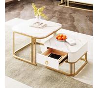 PUGSDRLY Table Basse Empilable 2 pièces 60 x 60 x 45cm + 50 x 50 x 34 cm, Effet Marbre Brillant avec Décor Doré, Table d'Appoint avec Tiroir, Design Encastrable