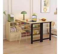 PUGSDRLY Table de bar extensible avec espace de stockage, table de bar cuisine pivotante à 360 °, table de bar moderne avec table pliante, comptoir de cuisine, 1 tiroir et 2 portes en verre, nature