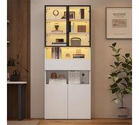 PUGSDRLY Vitrine Blanche 70 x 30 x 200 cm avec tiroirs, Buffet vitré avec Portes en Verre et éclairage LED, Armoire Haute avec étagères ouvertest