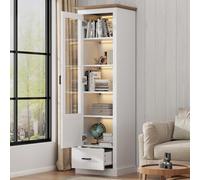 PUGSDRLY Vitrine en Verre avec 1 Porte et 1 tiroir,Armoire de Vitrine Blanc avec Lumières LED 16 Couleurs,Bibliotheque,Buffet Salon,Moderne Meubles de Rangement,5 Compartiments,50x35x178cm (Style-B)