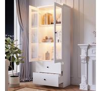 PUGSDRLY Vitrine en Verre avec 2 Porte et 2 tiroir,Vitrine Verticale Blanc avec Lumières LED 16 Couleurs,Bibliotheque,Buffet Salon,Moderne Meubles de Rangement,60x36x165cm (Style-C)