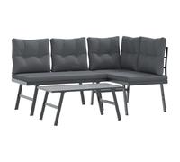 PUGYNBK Banc de jardin en acier noir 3 pièces coussin épais | Dossier incurvé, résistant à la corrosion, table basse incluse, 110 kg par siège