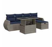 PUGYNBK Ensemble canapé de jardin 6 pièces gris rotin synthétique acacia | Rangement sous siège, sac impératif, table d'appoint pliable, housses lavables, design modulaire