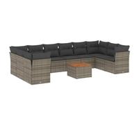 PUGYNBK Ensemble de canapés de jardin 11 pièces rotin synthétique gris | Rangement sous siège, sac impératif inclus, table en bois d'acacia, housses lavables, design modulaire